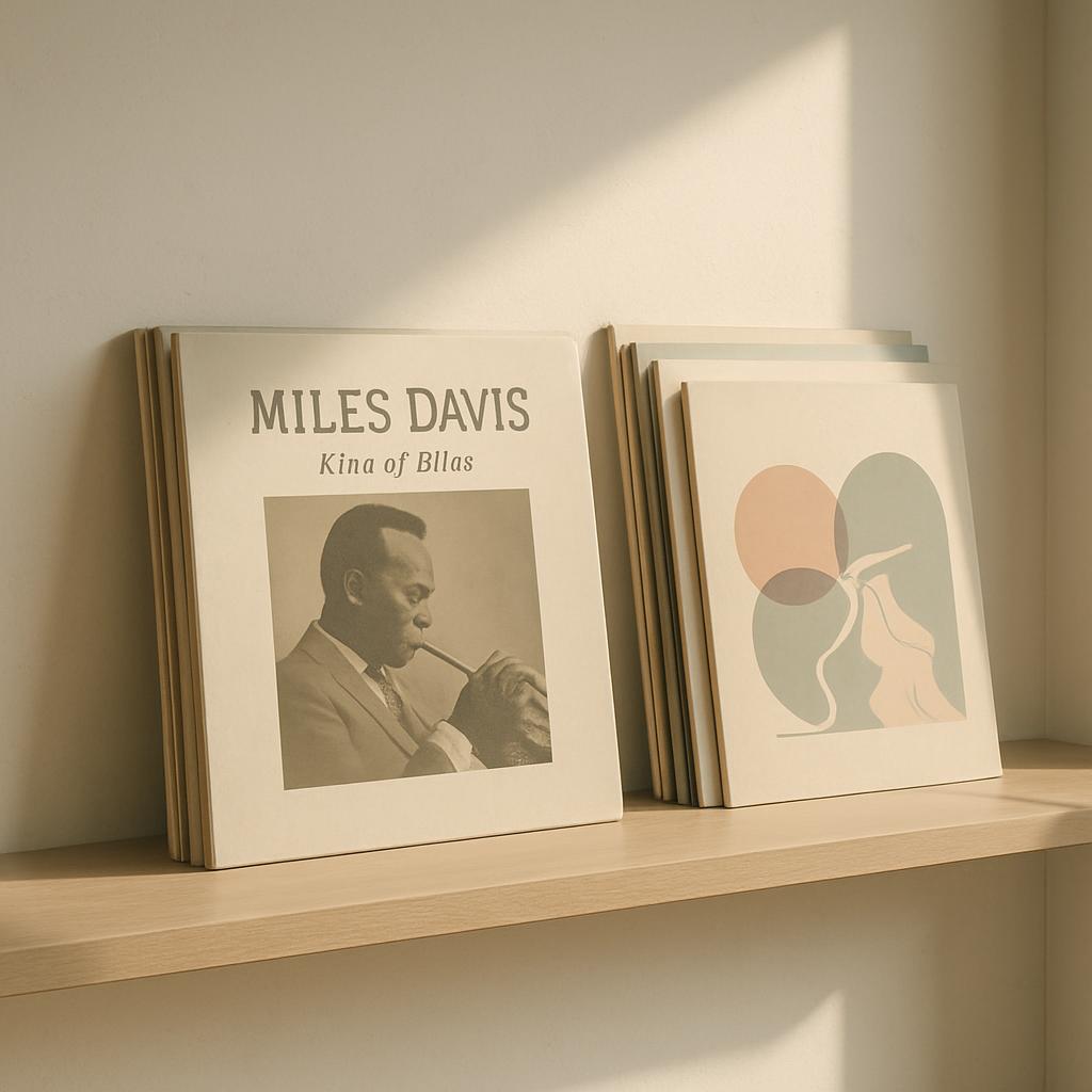 Miles Davis, Kina of Bllas, phonographic record. Volumes on a shelf. A vinyl album with a dark sepia portrait of the side ...