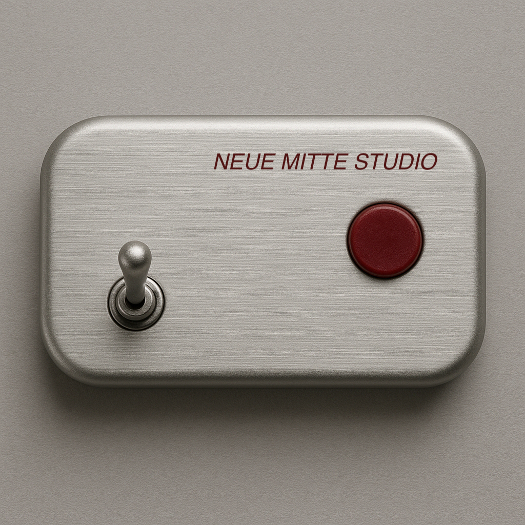 Das Bild zeigt einen silbernen Schalter mit der Bezeichnung "Neue Mitte Studio" auf zwei Transfärblechstrappen neben einem...